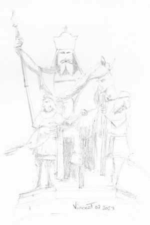 Statue équestre de Charlemagne accompagné de deux guerriers francs.